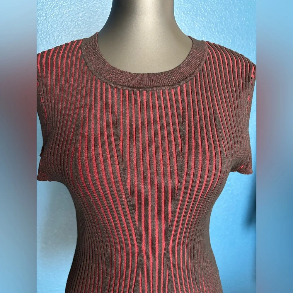 DKNY Black and Red Striped Short Sleeve Top, Shell, form-fitted, stretch - Picture 3 of 13